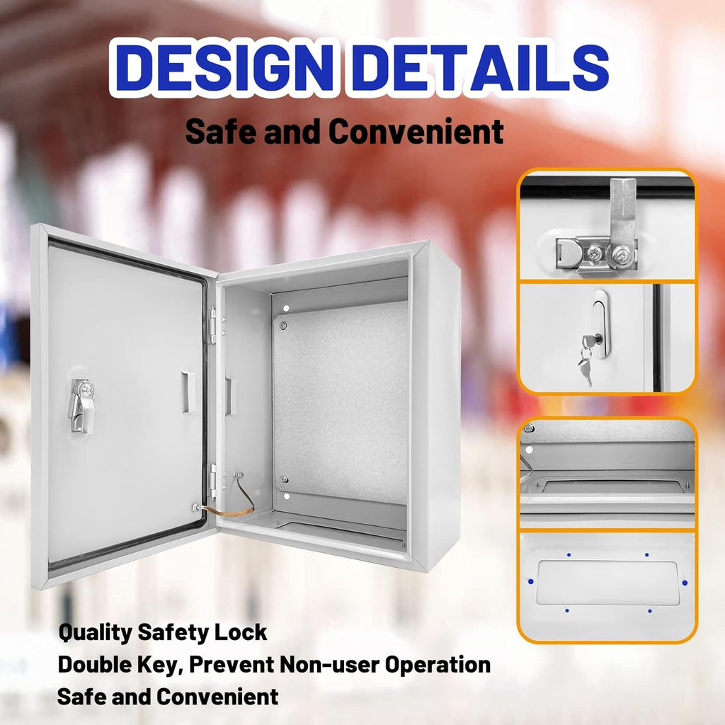 Outdoor Electrical Box 12 x 10 x 6''D NEMA 4X Enclosure Steel Box, Waterproof & Dustproof Outdoor/Indoor Lockable Electrical Junction Box, with Mounting Plate