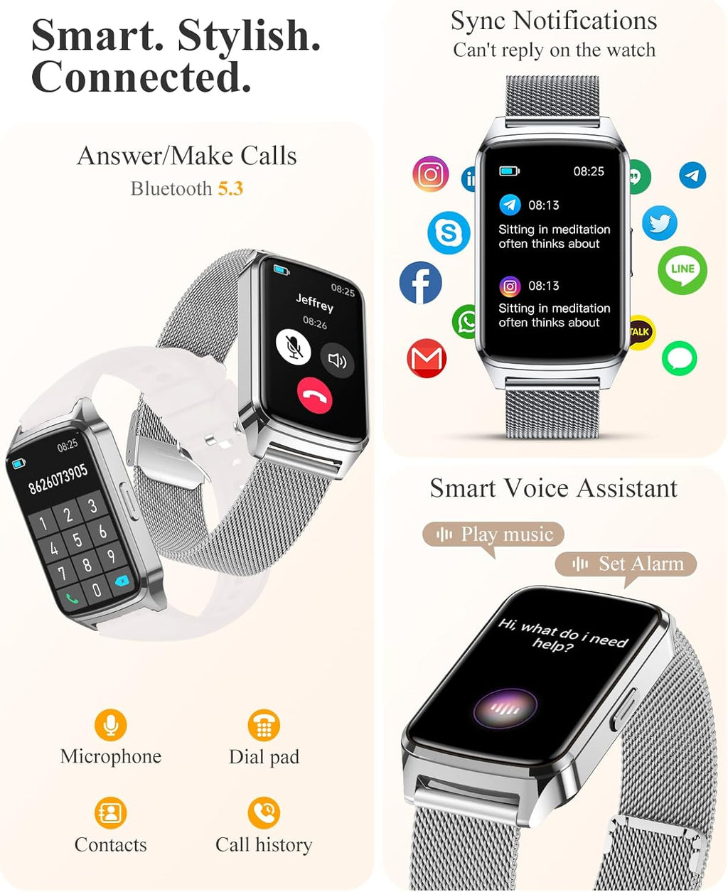 Fitness Tracker Watch for Women Men, Step Counter Compatible with iPhone Android, IP68 Waterproof Activity Tracker with Sleep Monitor, 110+ Sports (Classic, Silver, 1.57)