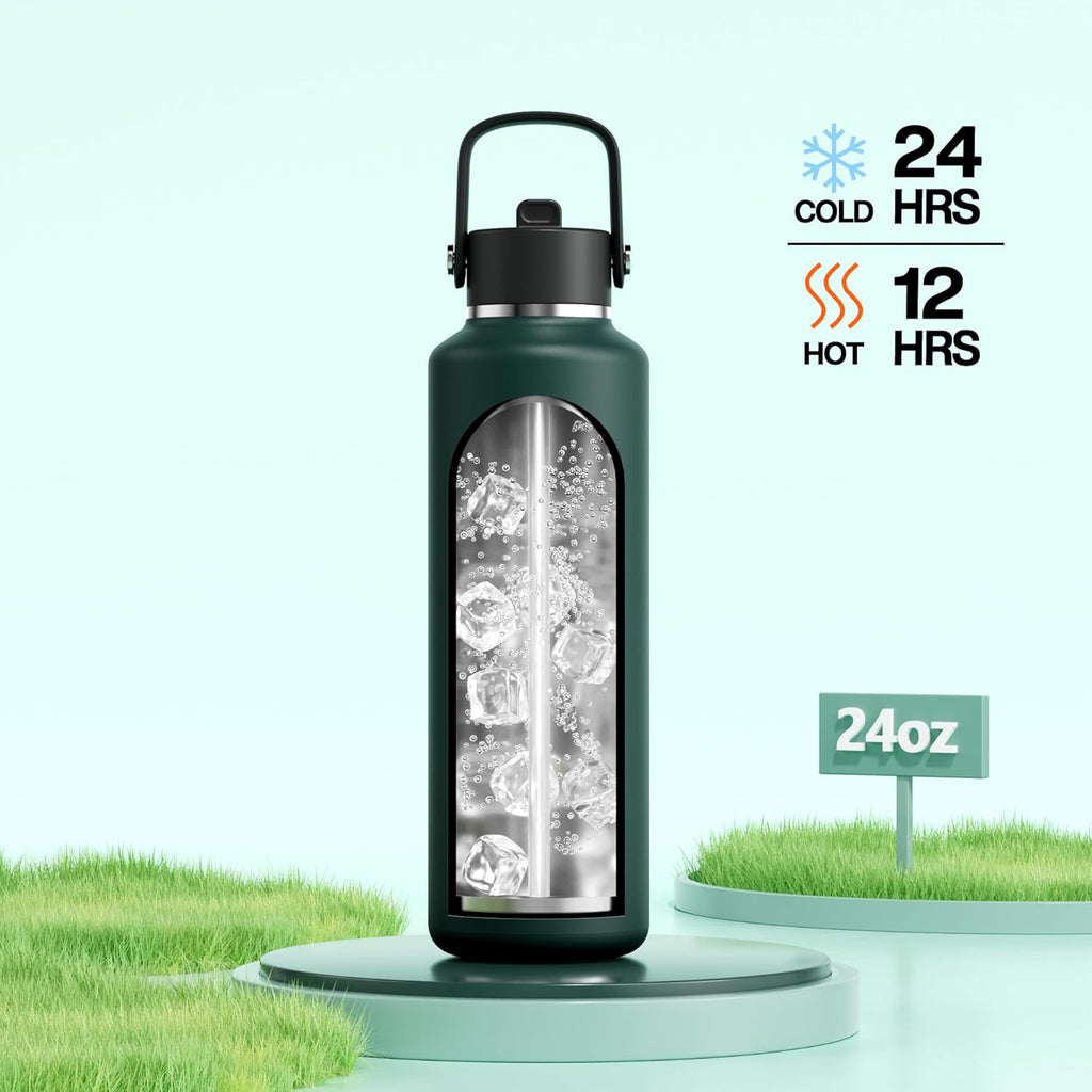 POWCAN 24 oz Water Bottle Insulated: BPA-Free, Leakproof Lid with Straw, Lightweight, Flex Cap, Stainless Steel Water Bottle for Sport, Hikig, Office, Commute, Worker, Walking, Cycling (Fir Green)
