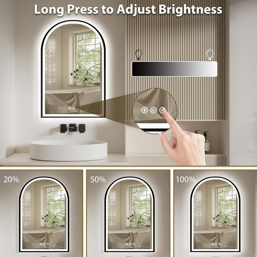 24x36 Inch Led Mirrors for Bathroom, Arch Vanity Mirror with Lights, Wall-Mounted Mirror with Bluetooth Speaker, Anti-Fog, Memory Function, 3 Color Temperature, Dimmable