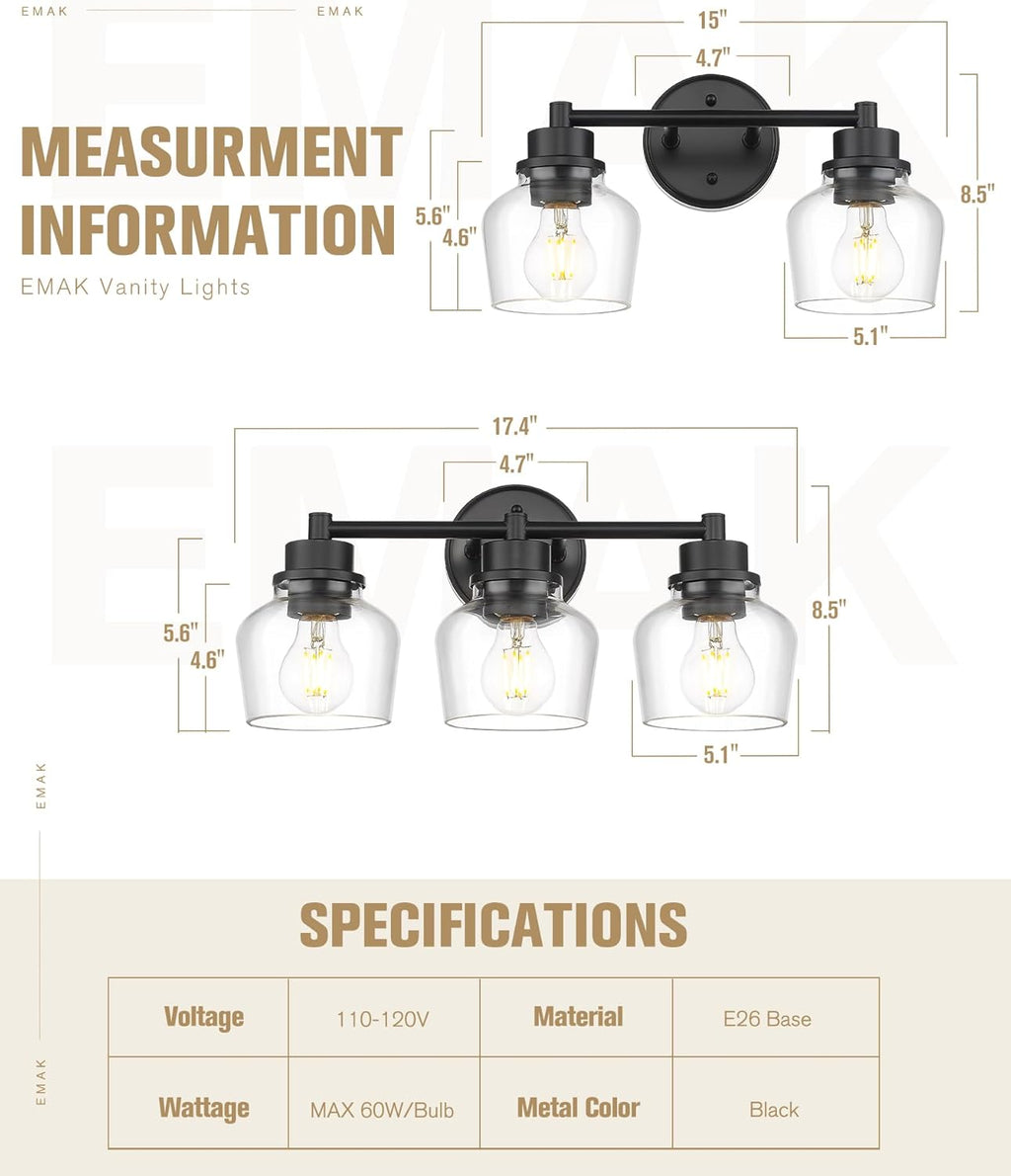 Emak Modern Black Bathroom Lights, Farmhouse Vanity Lighting Fixtures with Clear Glass Shade, 2-Light Vanity Lights for Bathroom, Makeup Desk, Mirror, VL122-BK-CG-2