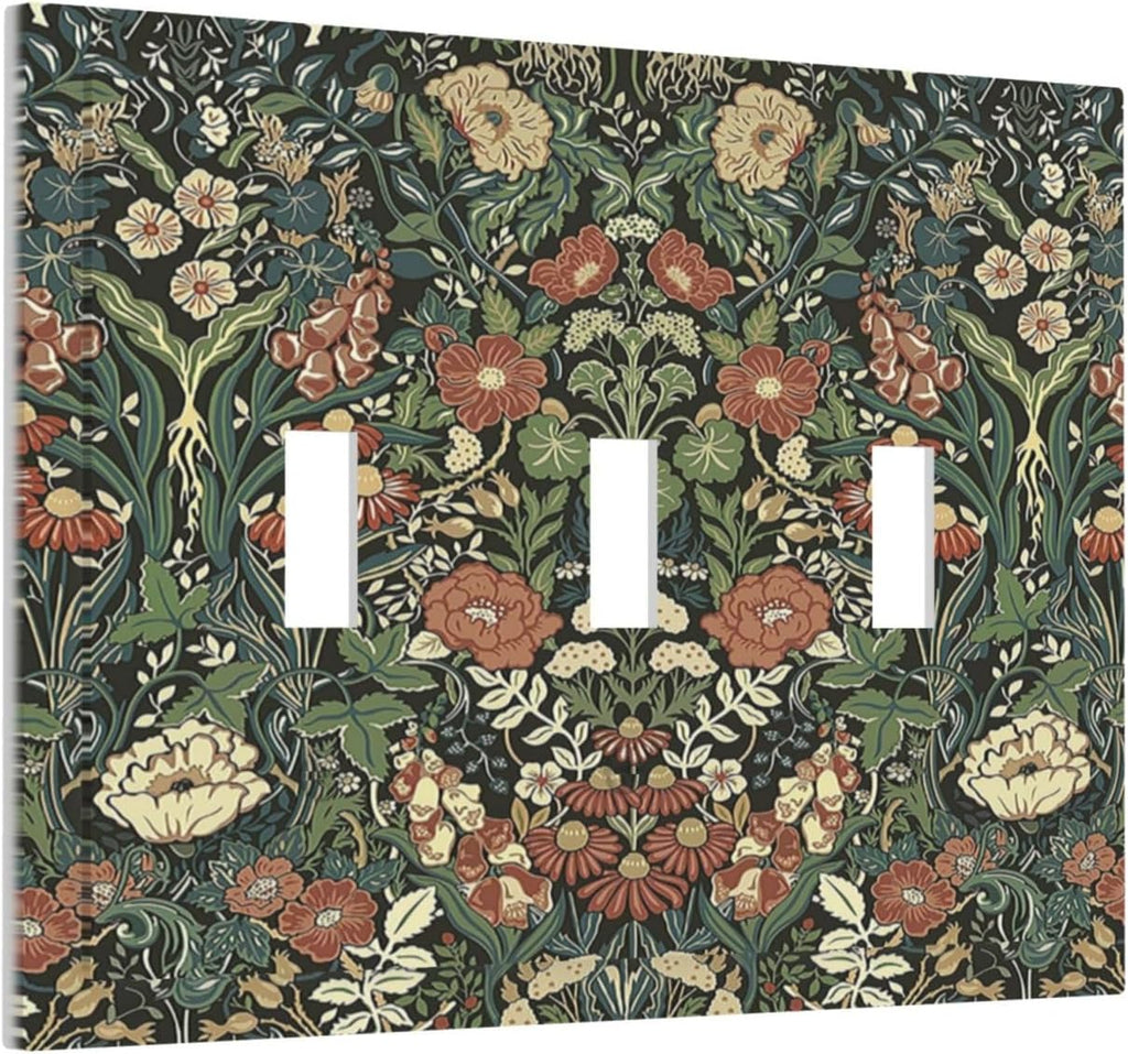 Decorative Switch Plates Vintage Dark Floral William Morris Green Flower 3 Gang Wall Plate Triple Toggle Light Switch Cover Faceplate Electrical Wall Panels for living Room Home Decor