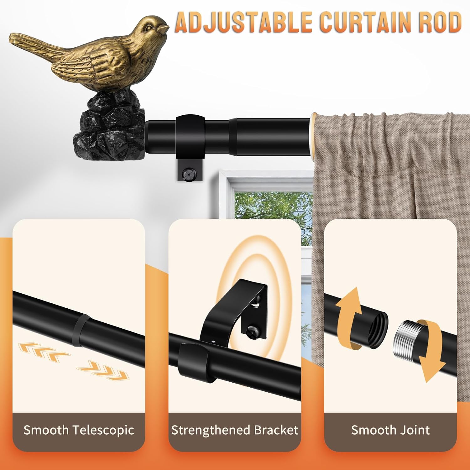 Decorative Black Curtain Rod 18 to 45 Inches Adjustable Drapery Rod with Bird Finials Heavy Duty Curtain Rods for Windows Living Room Kitchen