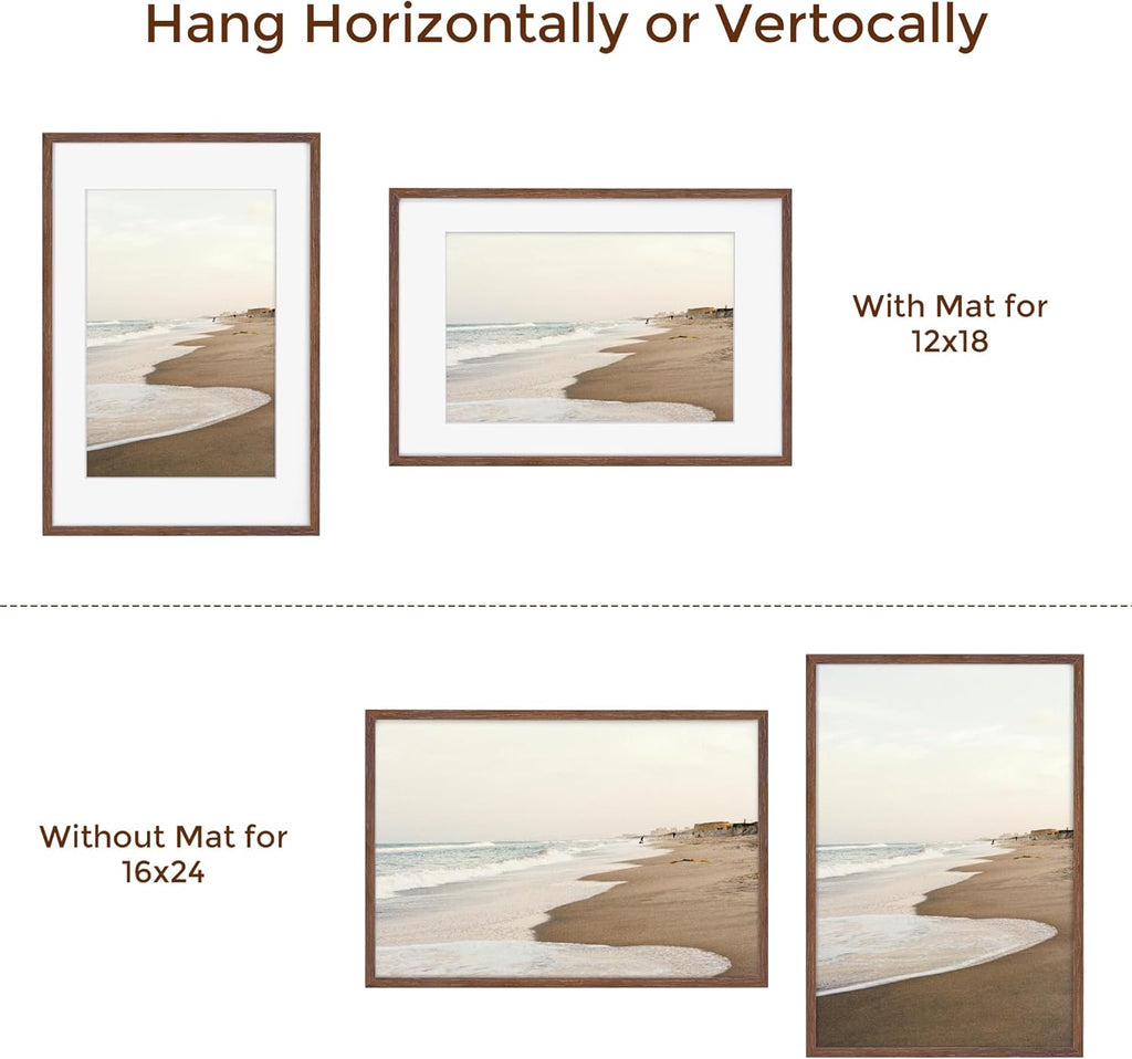 16x24 Picture Frame, 16 x 24 Poster Frames Set of 2, 16x24 Frame Solid Oak Wood & Tempered Glass, 16 x 24 Picture Frame with Mat for 12 x 18, Rustic Wooden 16"x24" Frames, Walnut Color