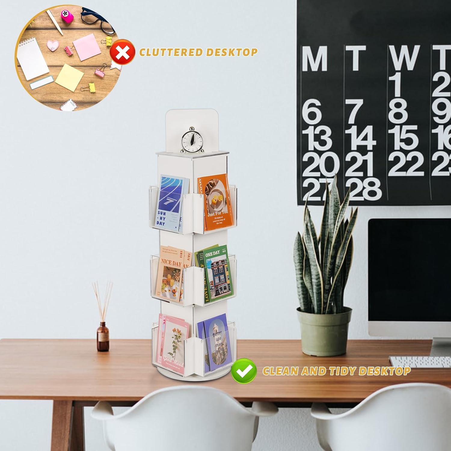 Natheeph Rotating Display Stand Greeting Card Display Wooden Display Rack with Two Card Sticker for Greeting Card Vendor Coffee Bag 3 Tier Tabletop Display Stand (White)