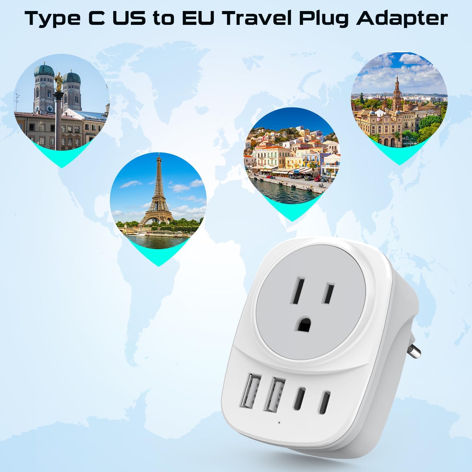 European Travel Plug Adapter,Universal Travel International Power Adapter 2 USBC Port and 2 USBA Port,Fast Charging USB C-C Woven Cable,USB C Power Plug for US to Europe Adapters for Multiple Devices