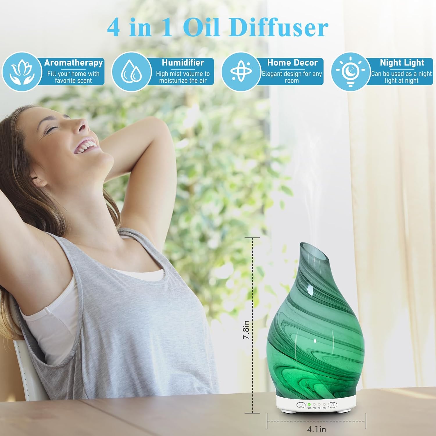 Essential Oil Diffuser 120ML, Glass Aromatherapy Diffuser with 4 Timer Settings & 7 Color Changing Lights, Waterless Auto Shut-Off, Ultra Quiet Oil Diffuser for Home, Office, Yoga, Spa and Sleeping