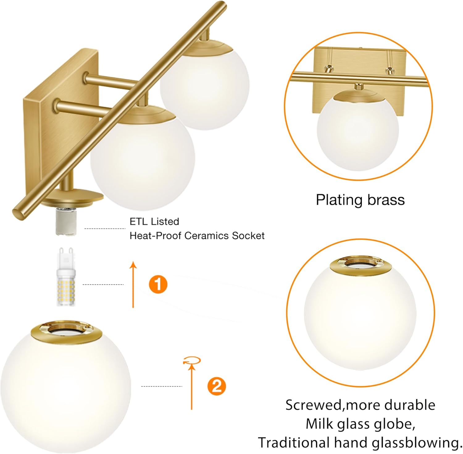 New Bathroom Vanity Light Fixtures 3 Lights Brushed Brass Glass Shade Modern Wall Bar Sconce Over Mirror