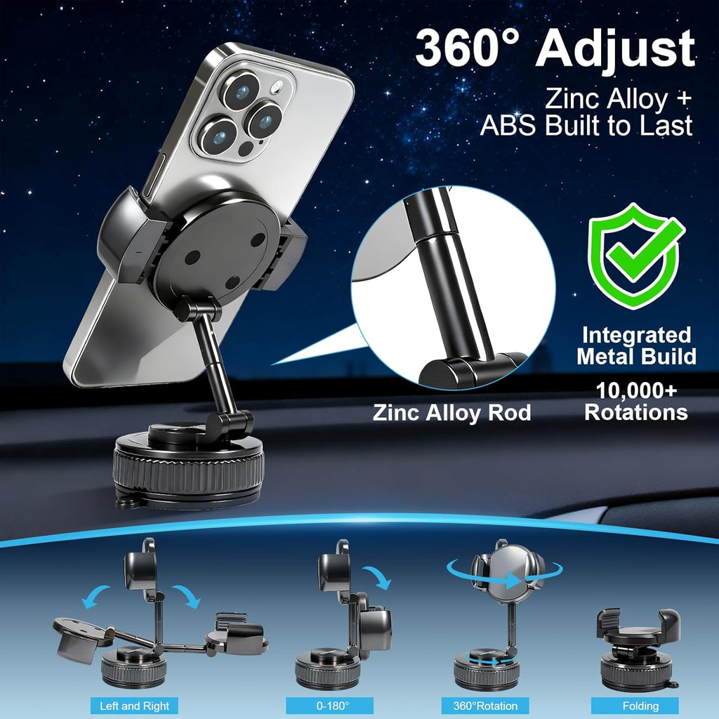 Windshield & Dashboard Rotate-Lock Phone Mount – 360° Rotate Folding Car Phone Holder with Strong Suction Base & Adjustable Arm for Smartphone