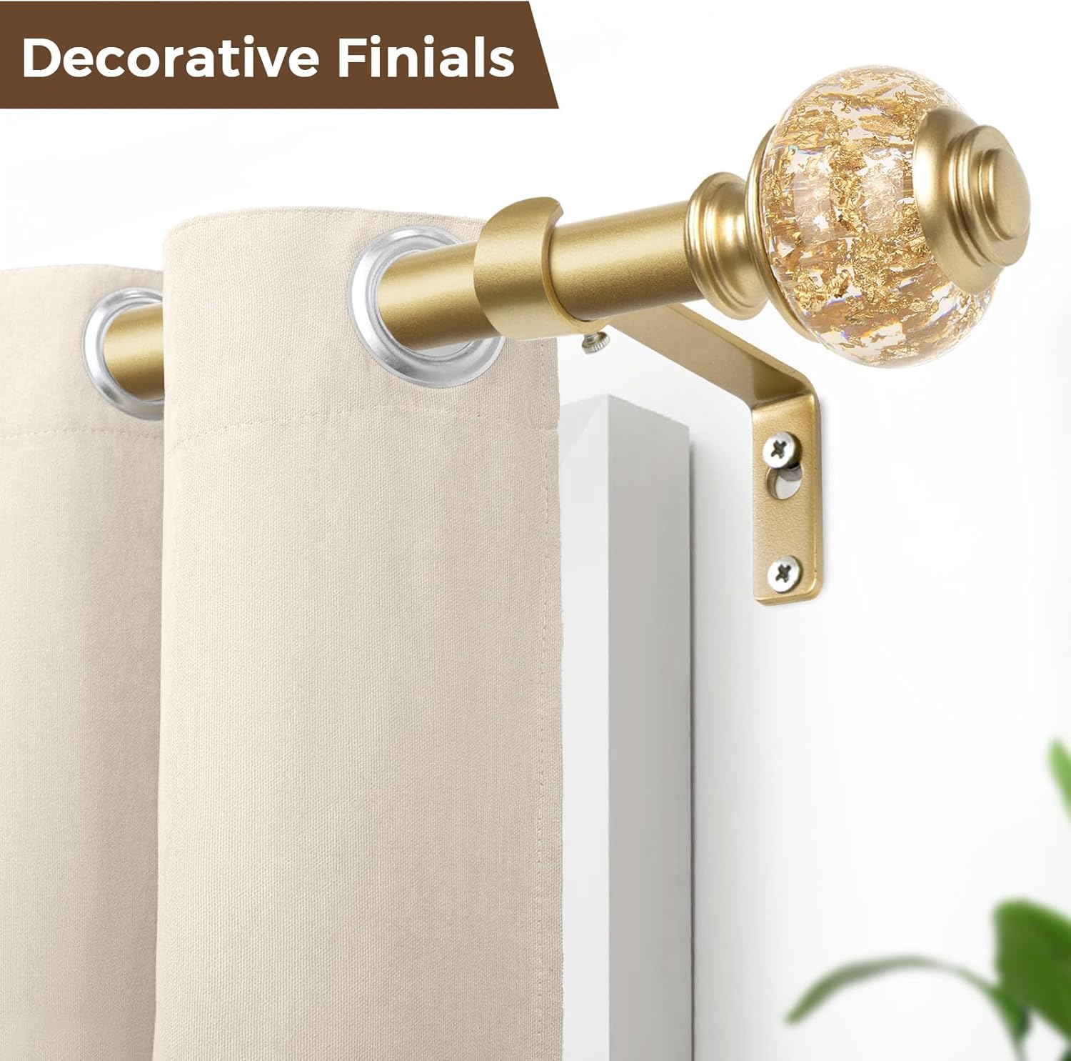 1 Inch Gold Curtain Rods for Windows 140 to 195 Inches (6 to 12 ft), USFOOK Telescoping Single Drapery Rod, Decorative Curtain Rod with Luxury Translucent Finials