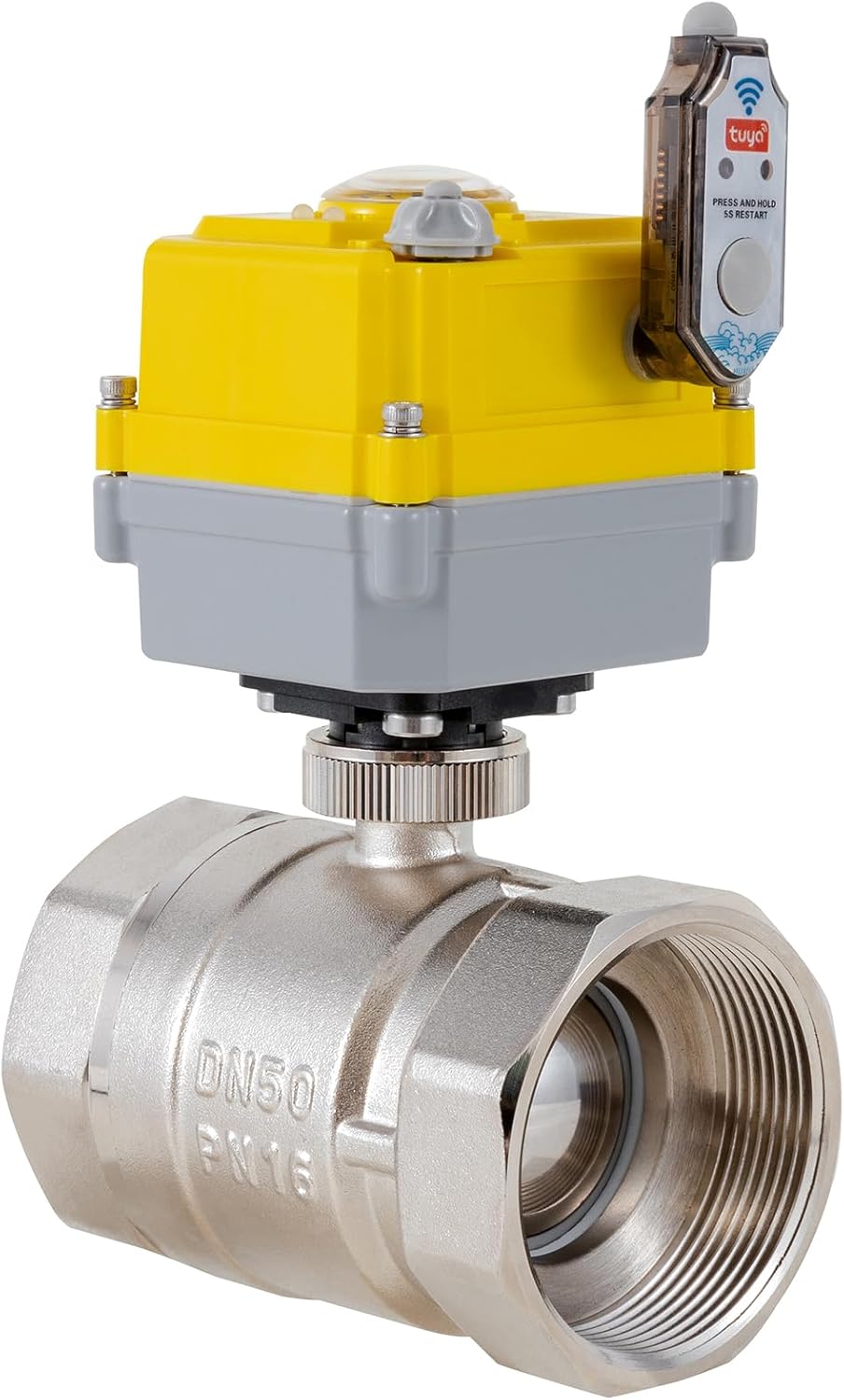 Smart electric valve 1 1/2 inch ball valve Tuya APP smart wifi water valve, 24V electric actuator AC110V-230V power adapter and automatic return setting. Smart timing water valve DN40MM