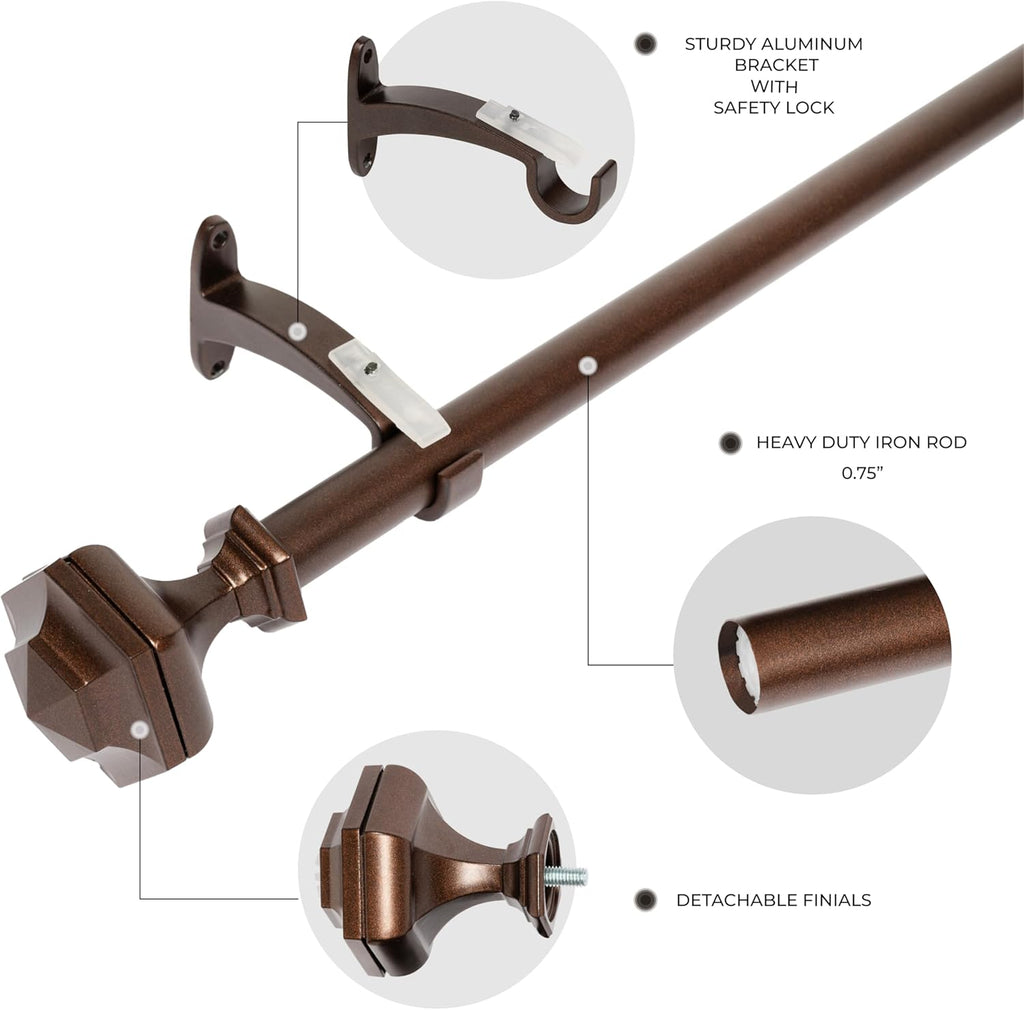 Deco Window Adjustable Curtain Rod for Windows 18 to 44 Inch (Pack of 1) Extendable Heavy Duty 3/4 Inch Iron Drapery Pole with Finials Wall Mounted French Door Curtain Rods (Brown)