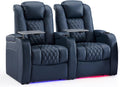 Weilianda Home Theater Seating Top Grain Leather Zero Gravity Recliner Chair Power Headrest Recline Movie Seat Gaming 7 Colors Mood Light Sofa with Tray Table USB Charge Row of 2 Blue