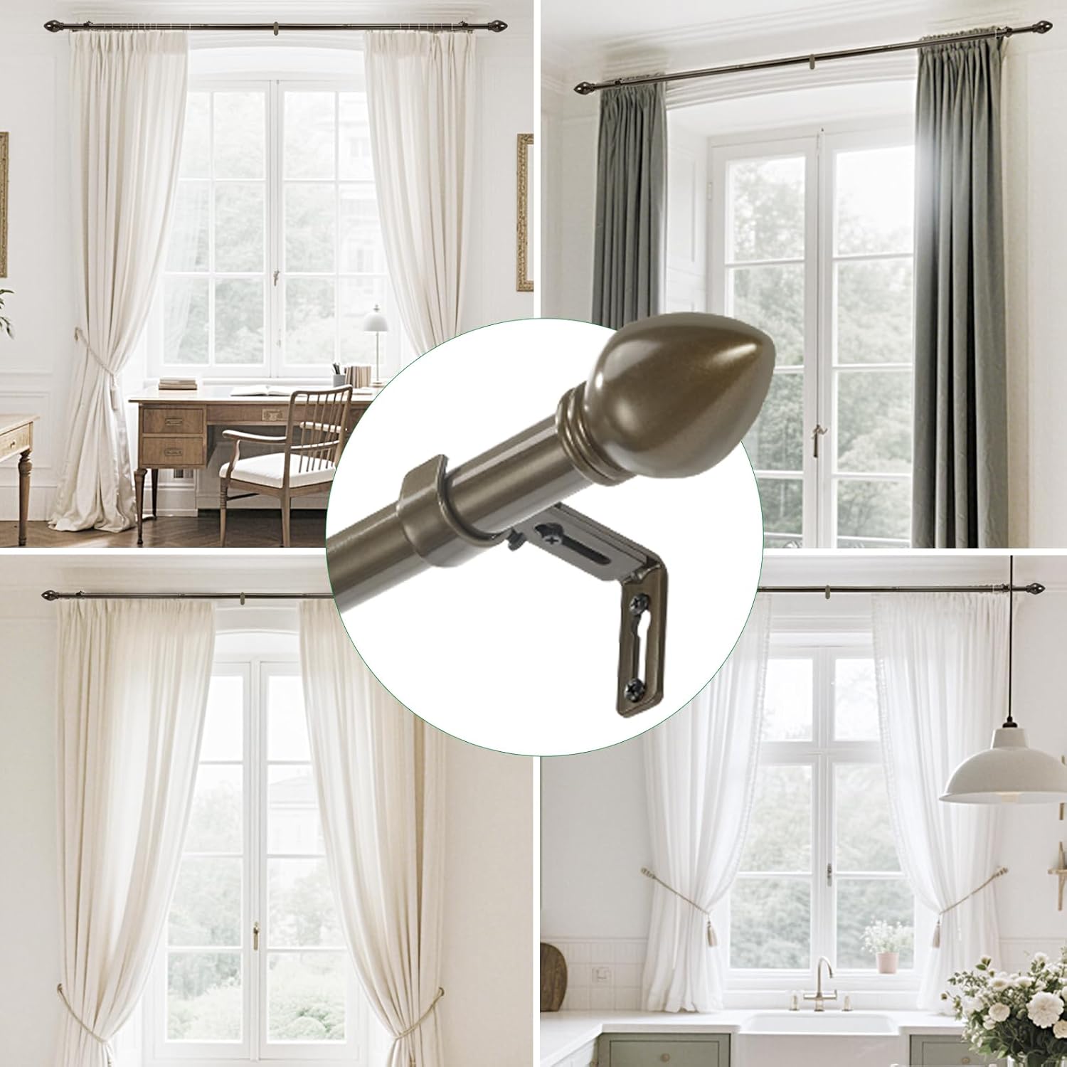 Curtain Rods for Windows 16 to 76 inches, Curtain Rod Max Adjustable Length to 88 in, Drapery Rod 1 inch Diameter with Modern Knobs Finials (Brown, 16" to 76" - Set of 2)