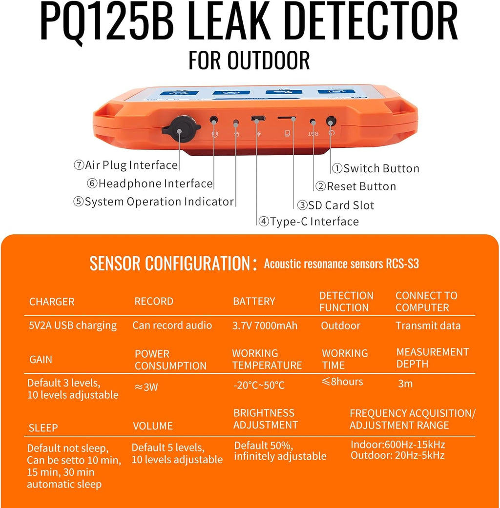 PQWT Underground Water Leak Detectors PQ125B Outdoor Wall Pipe Water Leakage Detection with Touchscreen Earphone and Carrying Case Sensor Acoustic Pipeline Sound Intensifier