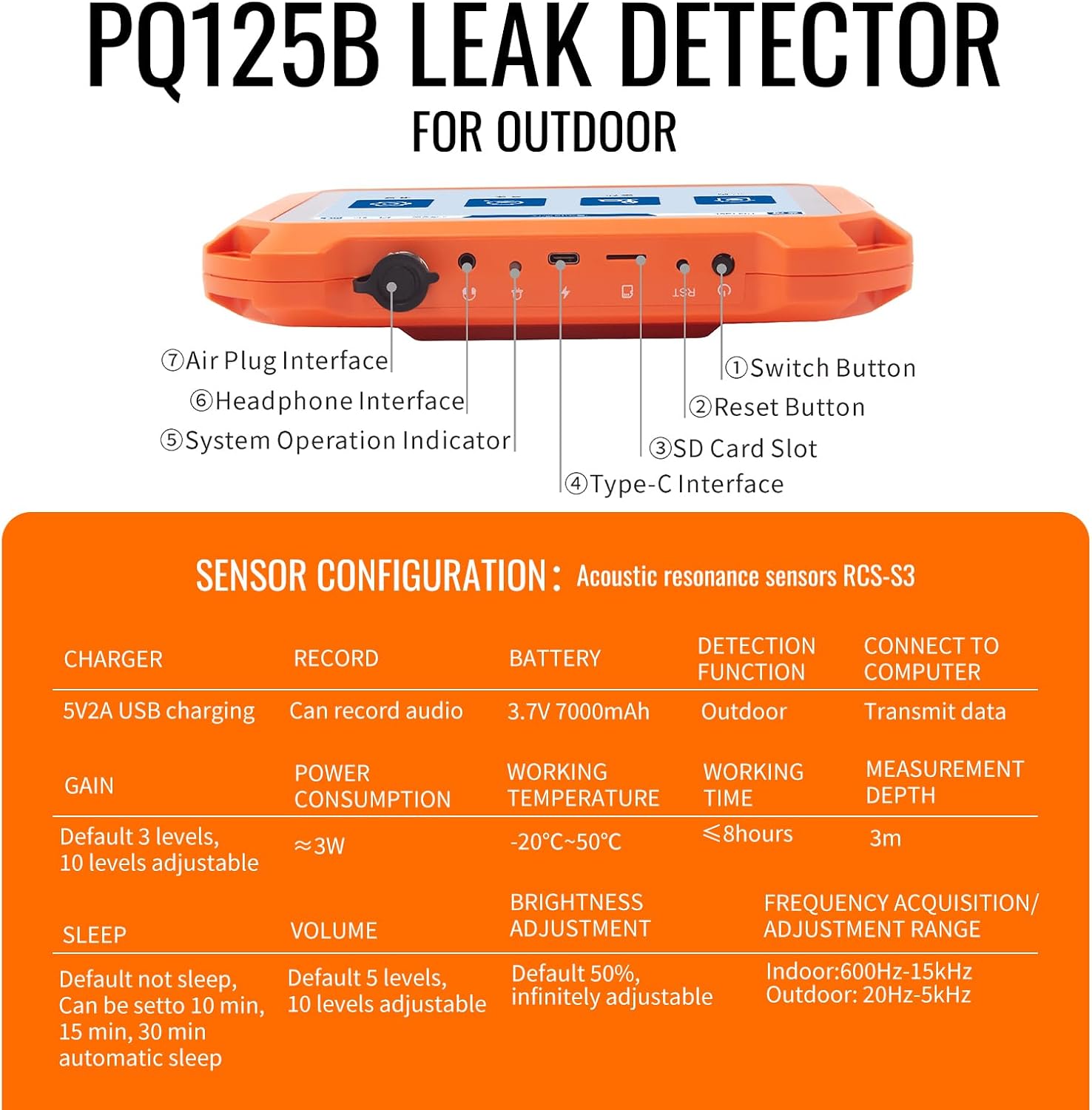PQWT Underground Water Leak Detectors PQ125B Outdoor Wall Pipe Water Leakage Detection with Touchscreen Earphone and Carrying Case Sensor Acoustic Pipeline Sound Intensifier