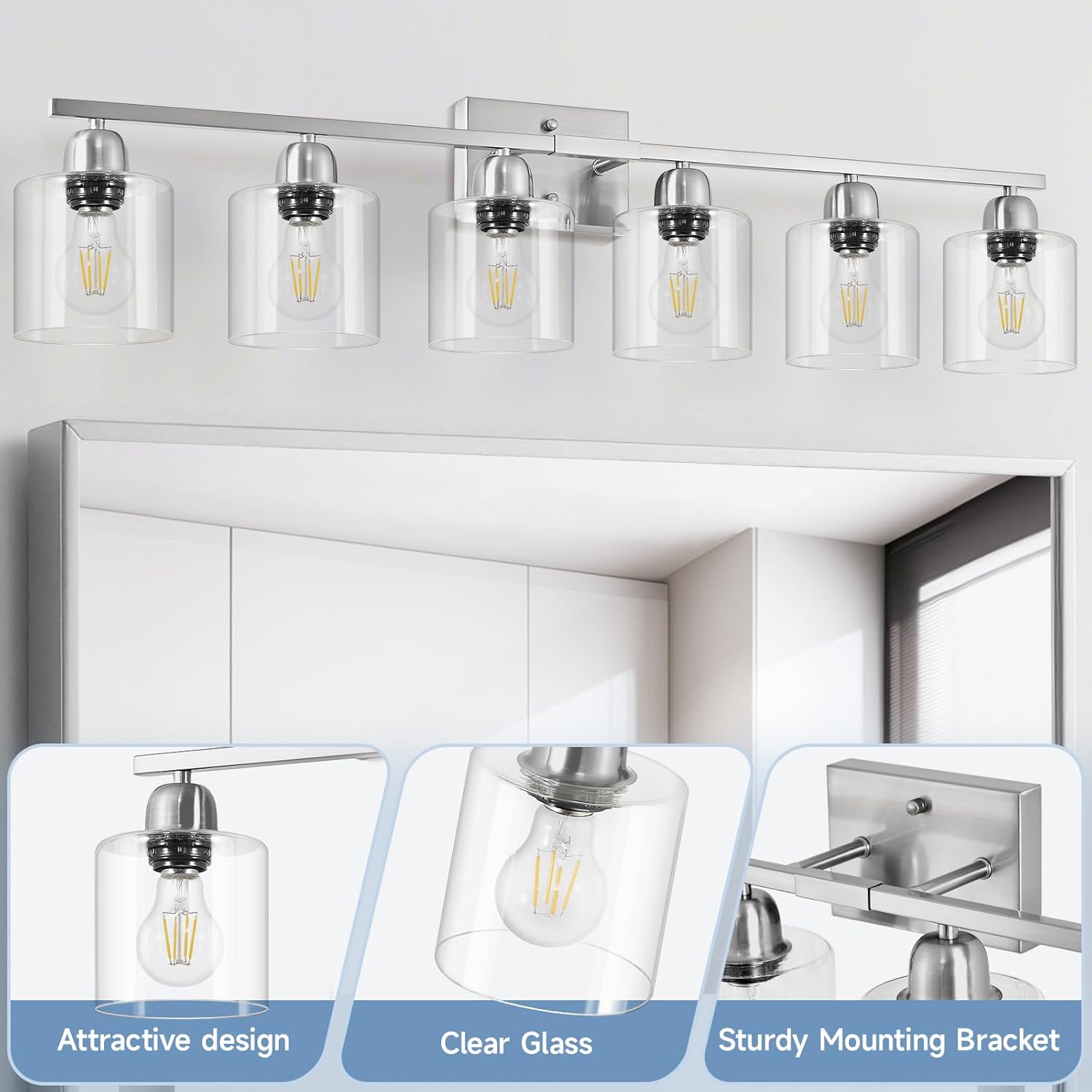Modern Brushed Nickel 6 Light Bathroom Light Fixtures,38 inch Vanity Lights for Bathroom with Clear Glass, Vanity Light for Mirror Kitchen Living Room Hallway Cabinet Porch