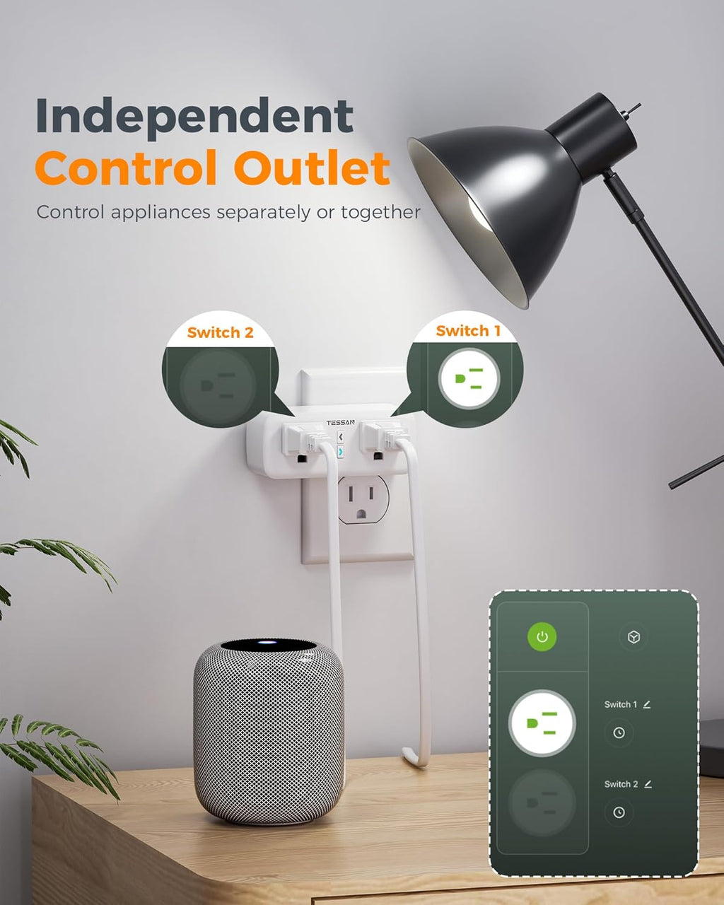 TESSAN 2 Pack Smart Plug, WiFi Smart Outlet with Dual Sockets, Compatible with Alexa and Google Home, Remote Control Outlet with Timer Function, Voice Control, Surge Protection, 2.4GHz WiFi Only