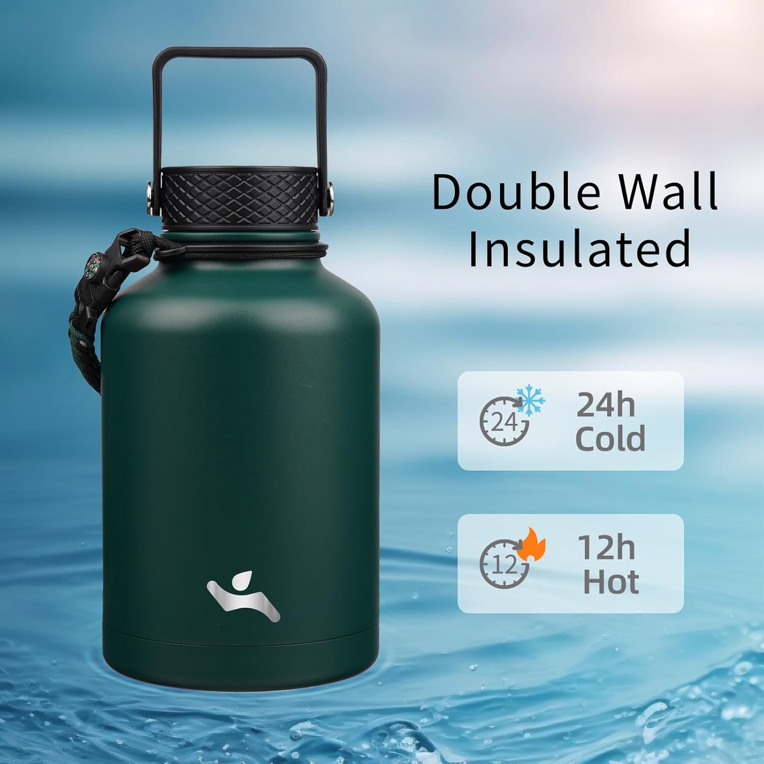 Insulated Water Bottle with Straw,50 oz 3 Lids Water Jug with Carrying Bag,Paracord Handle,Double Wall Vacuum Stainless Steel Metal Flask,Dark Green