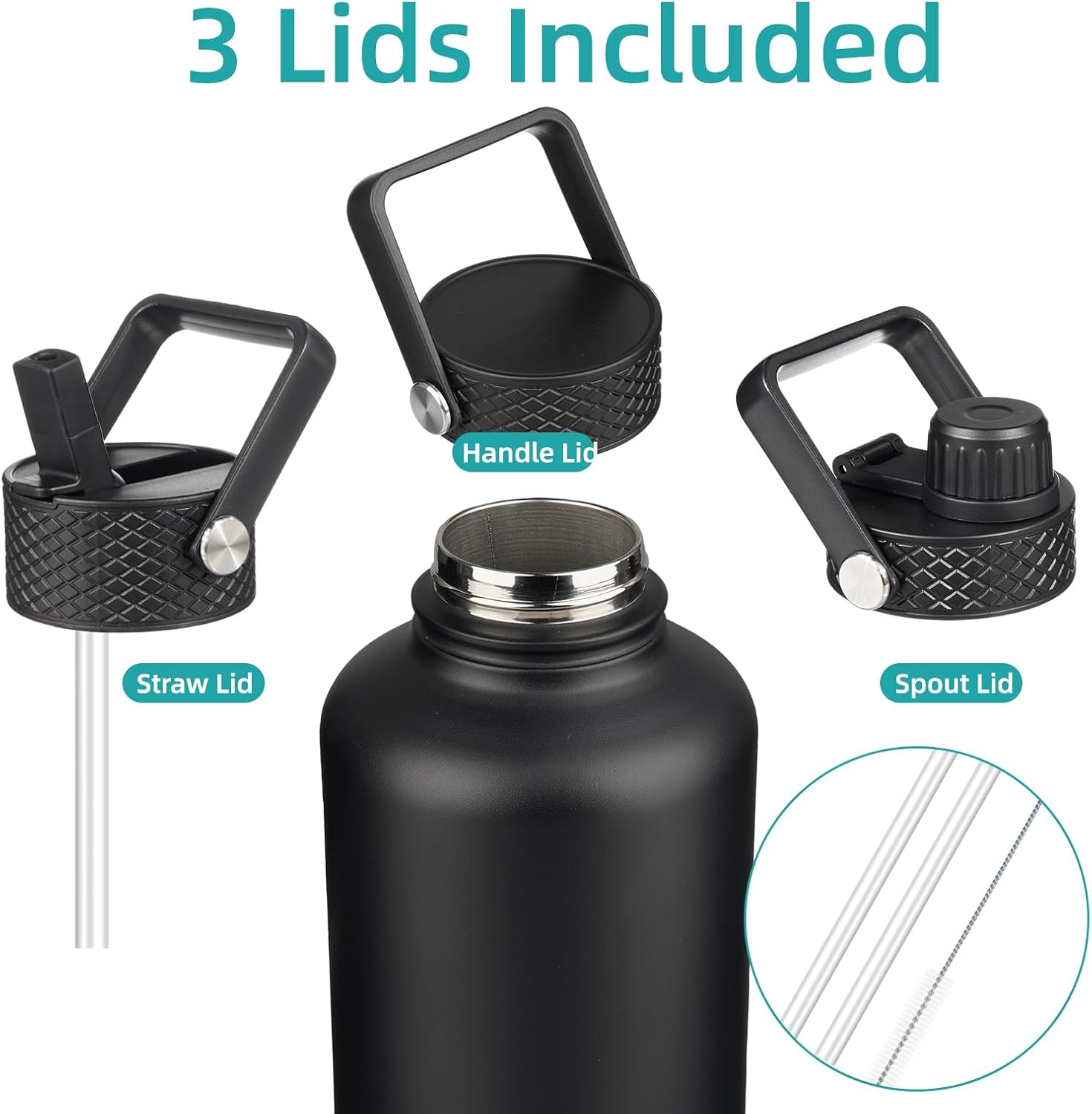Insulated Water Bottle with Straw,87 oz 3 Lids Water Jug with Carrying Bag,Paracord Handle,Double Wall Vacuum Stainless Steel Metal Flask,Black