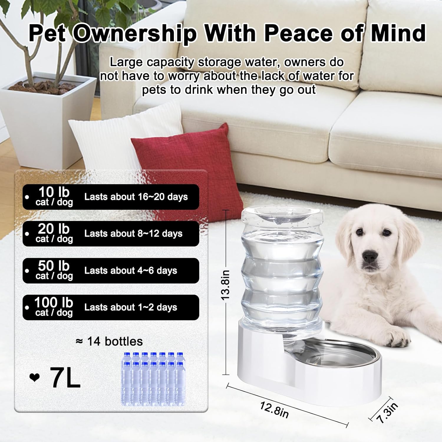 RIZZARI Automatic Gravity Pet Waterer: 7L White Stainless Steel Water Dispenser - Large Capacity with Triple Filter and Specialized Brush for Senior Dogs with Spinal Issues - for Living Room Bedroom