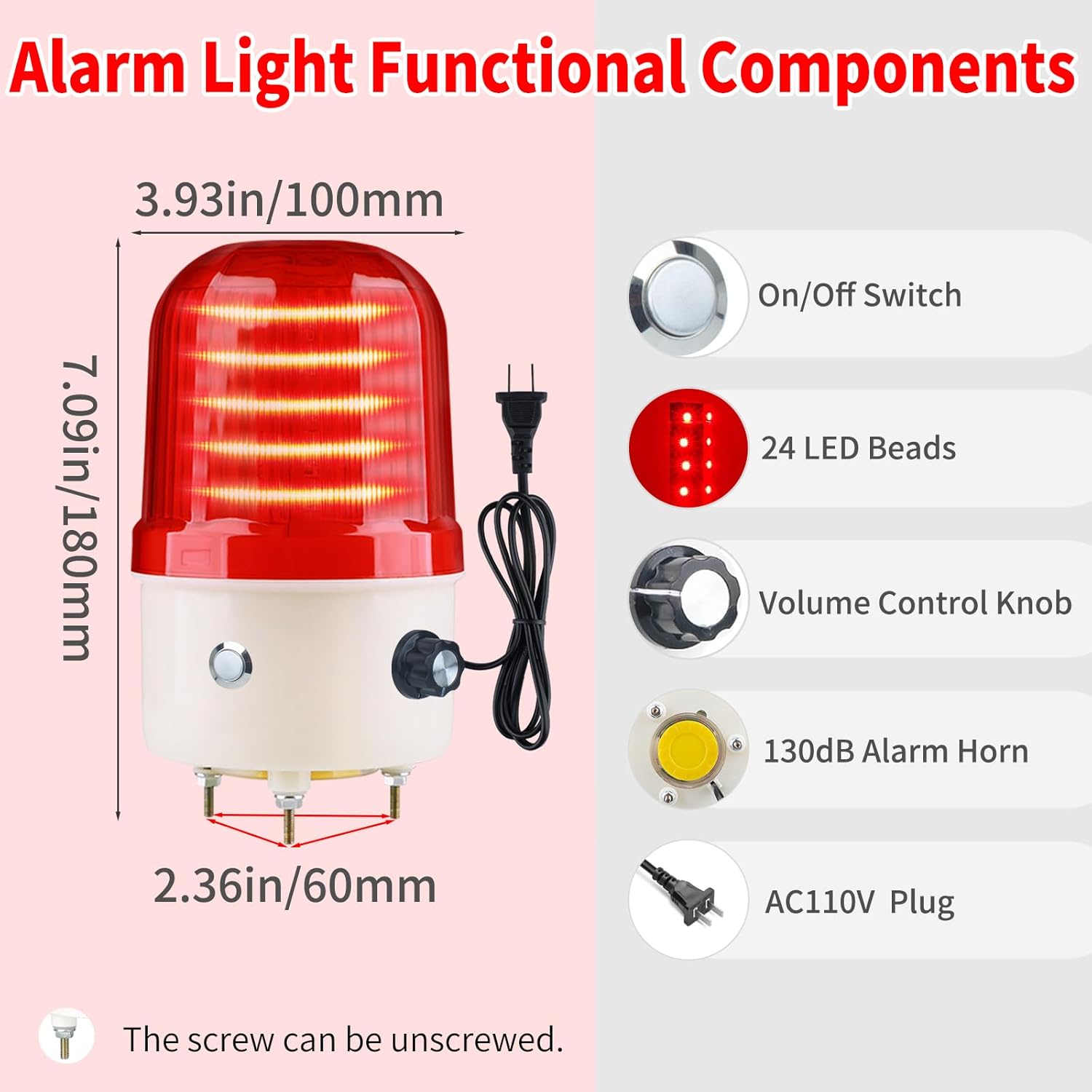 Industrial LED Rotating Warning Light, AC110V Red Strobe Light for Public Emergency Alarms, Indoor/Outdoor Safety Siren with Volume Adjustment/Plug and Buzzer (RED PRO(0-130dB,AC110V))