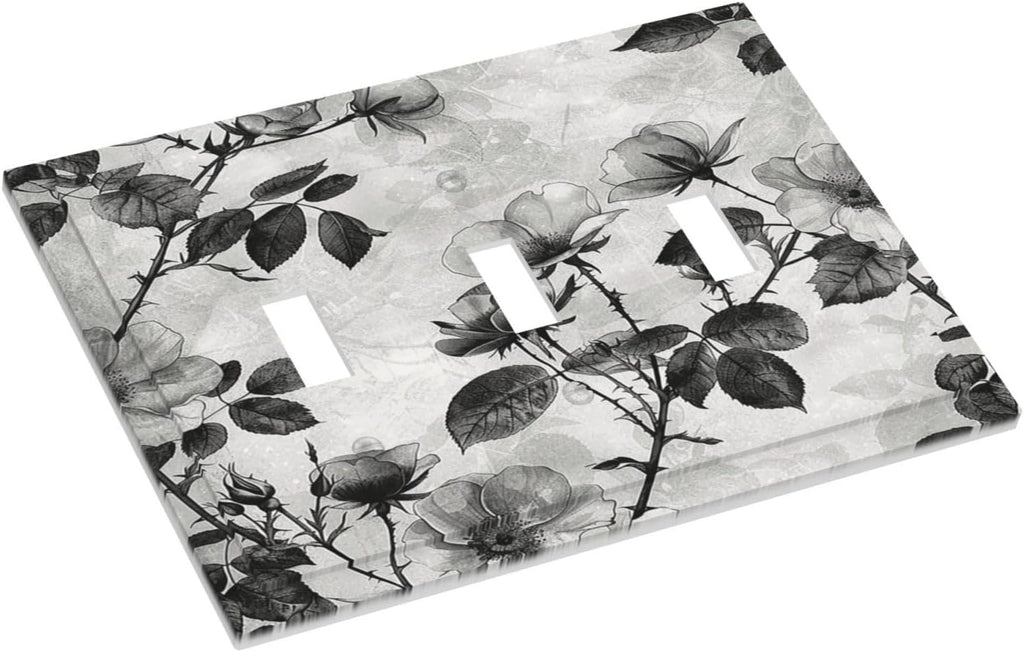 Decorative Switch Plates Black Breezy Watercolor Garden Floral 3 Gang Wall Plate Triple Toggle Light Switch Cover Faceplate Electrical Wall Panels for Bedroom Home Decor