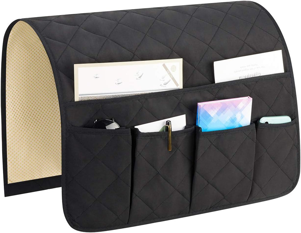 Teniux Remote Control Holder Non-Slip Couch Sofa Chair Armrest Organizer with 5 Pockets Armchair Caddy for Smart Phone, Book, Magazines, Ipad (Widened-Black (19''))