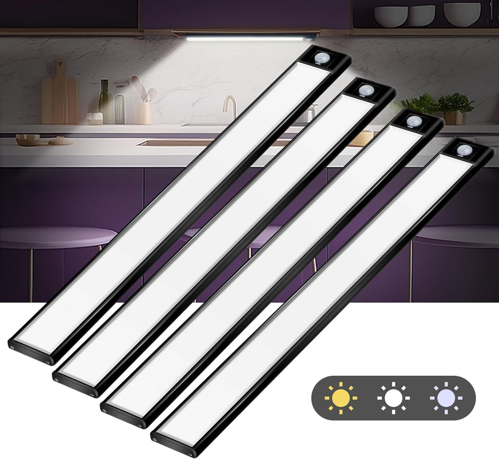69 LED Under Cabinet Lighting 4 Pack, 3-Color Dimmable Motion Sensor, 3000mAh Rechargeable, Wireless Battery Operated Lights for Closet, Kitchen, Counter - Brighten Your Space Effortlessly