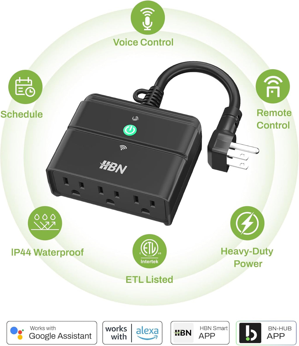 HBN Outdoor Smart Plug,Wi-Fi & Bluetooth Heavy Duty Outlet with 3 Independent Outlets,Compatible with Alexa and Google Assistant,IP44 Waterproof,Voice & APP Control Outlet,No Hub Required,ETL Listed