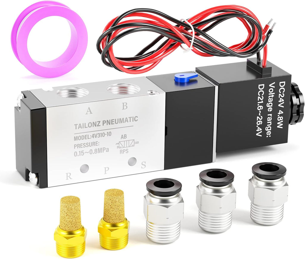 TAILONZ PNEUMATIC 3/8"NPT 24V Solenoid Valve 4V310-10 12V/24V/110V/220V Single Coil Pilot-Operated Electric 2 Position 5 Way Connection Type（Outlet wire）