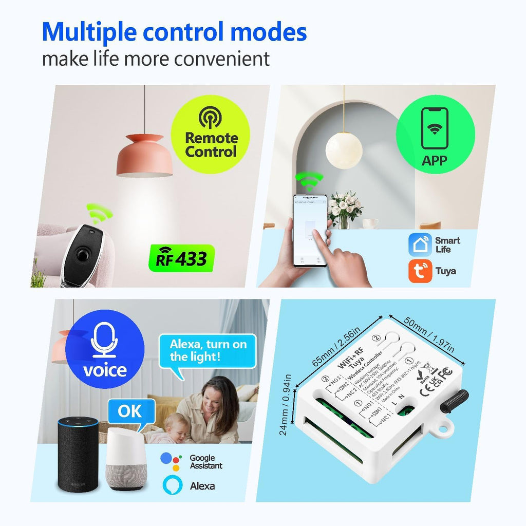 DieseRC Tuya 2-Channel WiFi Smart Switch, AC 90V - 250V 220V Passive Output Relay Module, with 2X RF Remote Control, Compatible with Alexa/Google Home