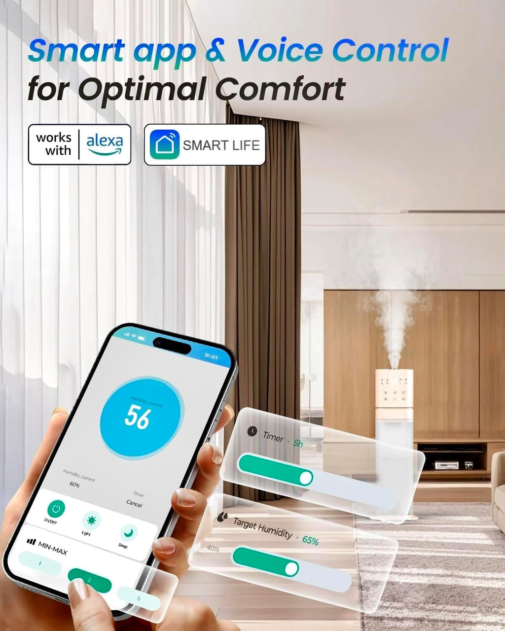 Smart Humidifier Large Room, 2.1Gal/8L Humidifiers for Bedroom with Extended Tube&Night Light, Whole House Cool Mist Humidifiers, WIFI App&Voice Control, School/Office/Warehouse, Pale Pink
