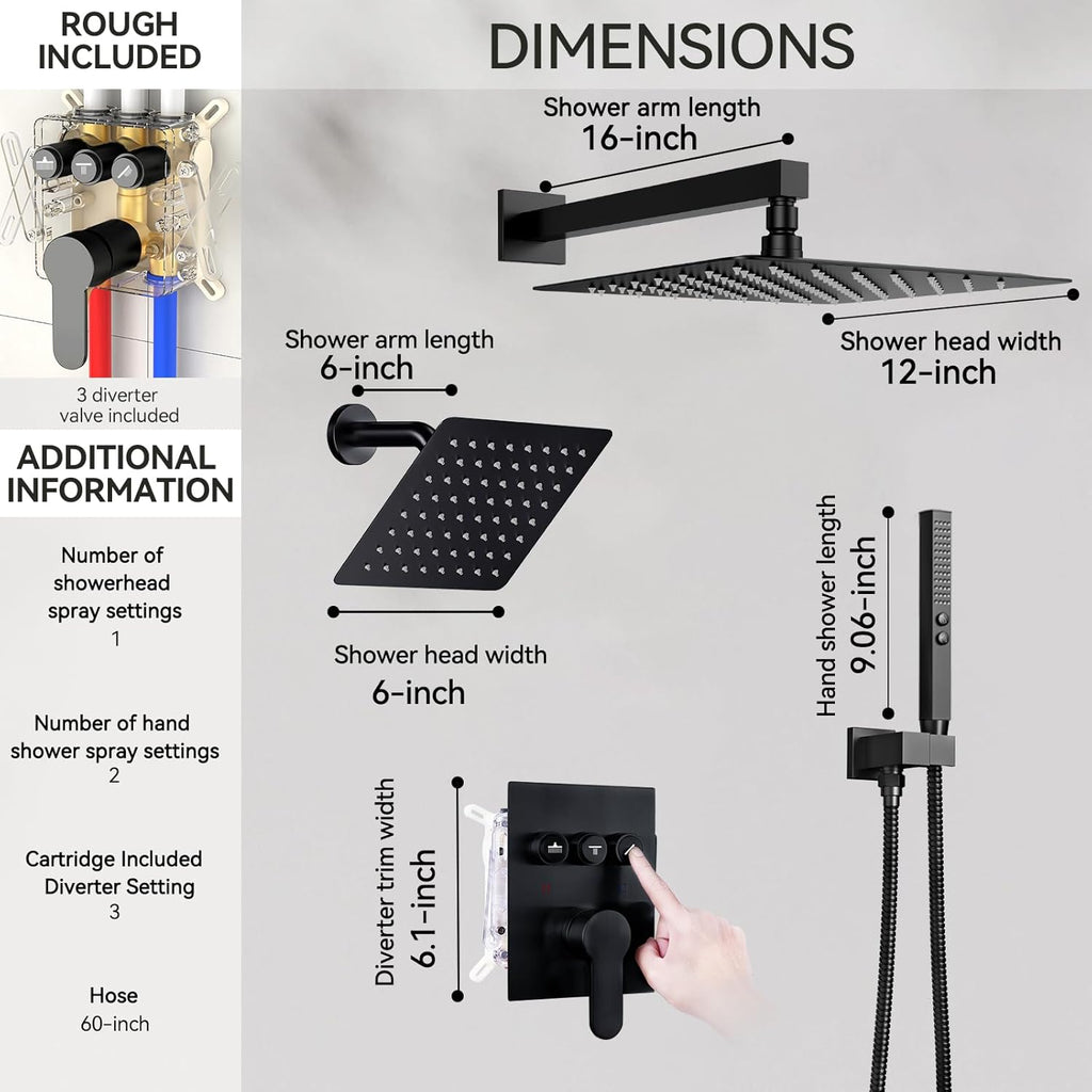 Shower Systems with Rain Shower and Handheld,STARBATH Dual Head 12+6" Rainfall Shower Can Run All Together, Wall Mount Shower Faucet Set with Pressure Balance Valve and Trim Kit, Matte Black