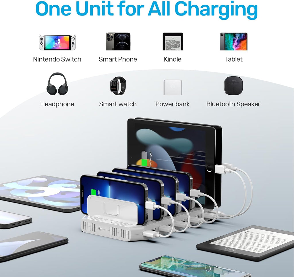 【10PCS】 Unitek Multi Charging Station, 10-Port USB Charger for Multiple Device with SmartIC Tech and Adjustable Dividers, Organizer Stand Compatible with iPad, Tablet, Kindle, iPhone - 10PCS, White