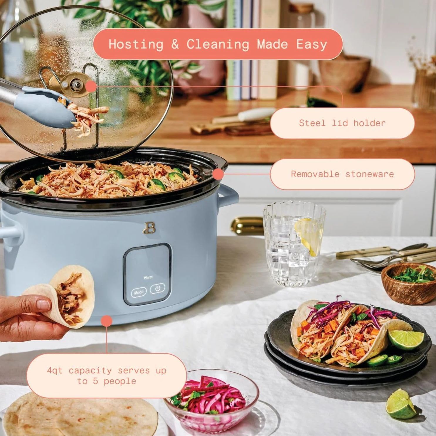 Beautiful 4-Qt Digital Slow Cooker with Smart Touch Screen, Removable Pot, Timer Presets, Ideal for Small Families