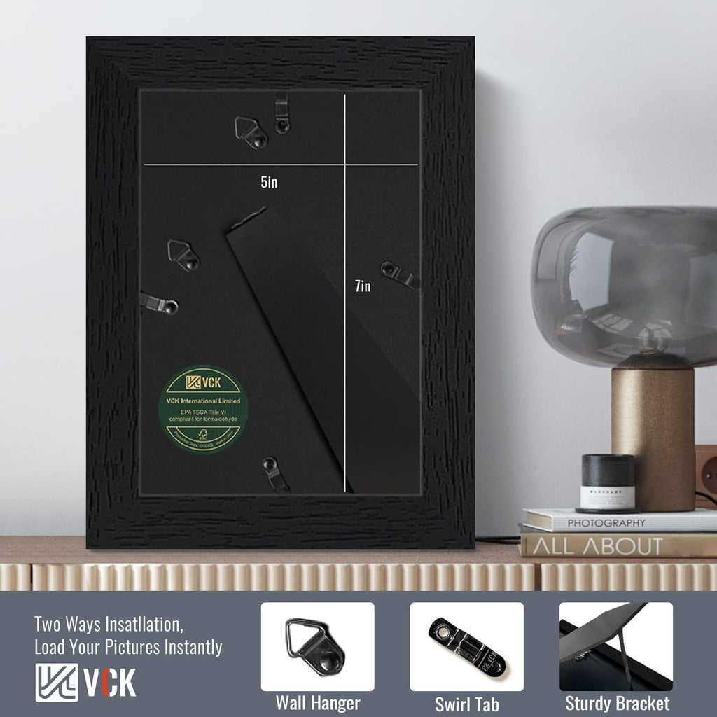 VCK 5x7 Picture Frames Black Set of 6, Wide Border Wood Poster Frame, Multi-Directional Display Family Photos, Office Prints, Studio/Gallery Artwork, Woodgrain Series, Tabletop & Wall Hanging