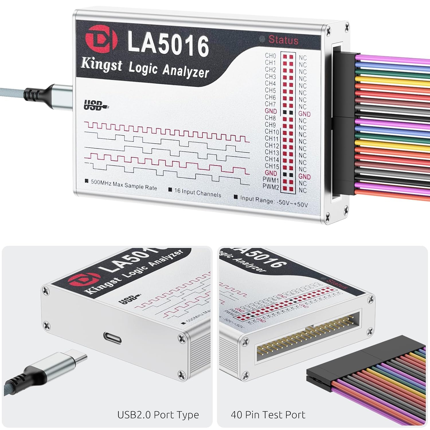 LA5016 USB Logic Analyzer - 16 Channels 500MS/s 10GB Depth PWM Generator, MCU ARM FPGA Debug Tool, English Software, Support for Windows, macOS, Linux