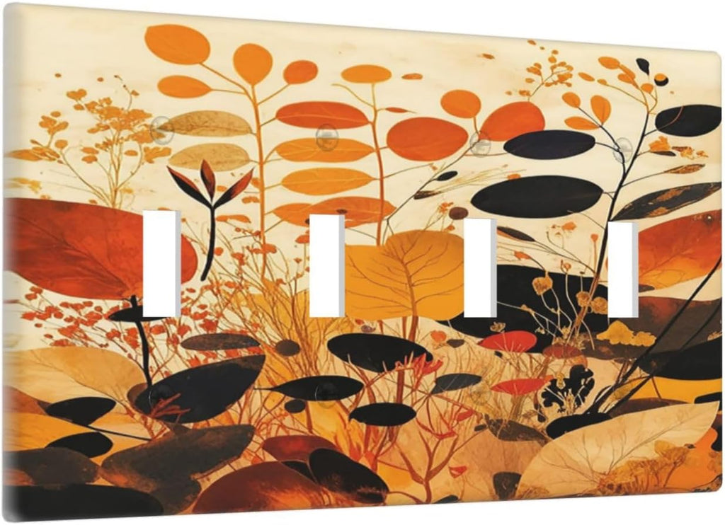 Light Switch Covers Boho Warm Colorful Plant Leaves Quad Toggle 4 Gang Wall Plate Electrical Faceplate Decorative Switch Plates for Bedroom living Room Decor