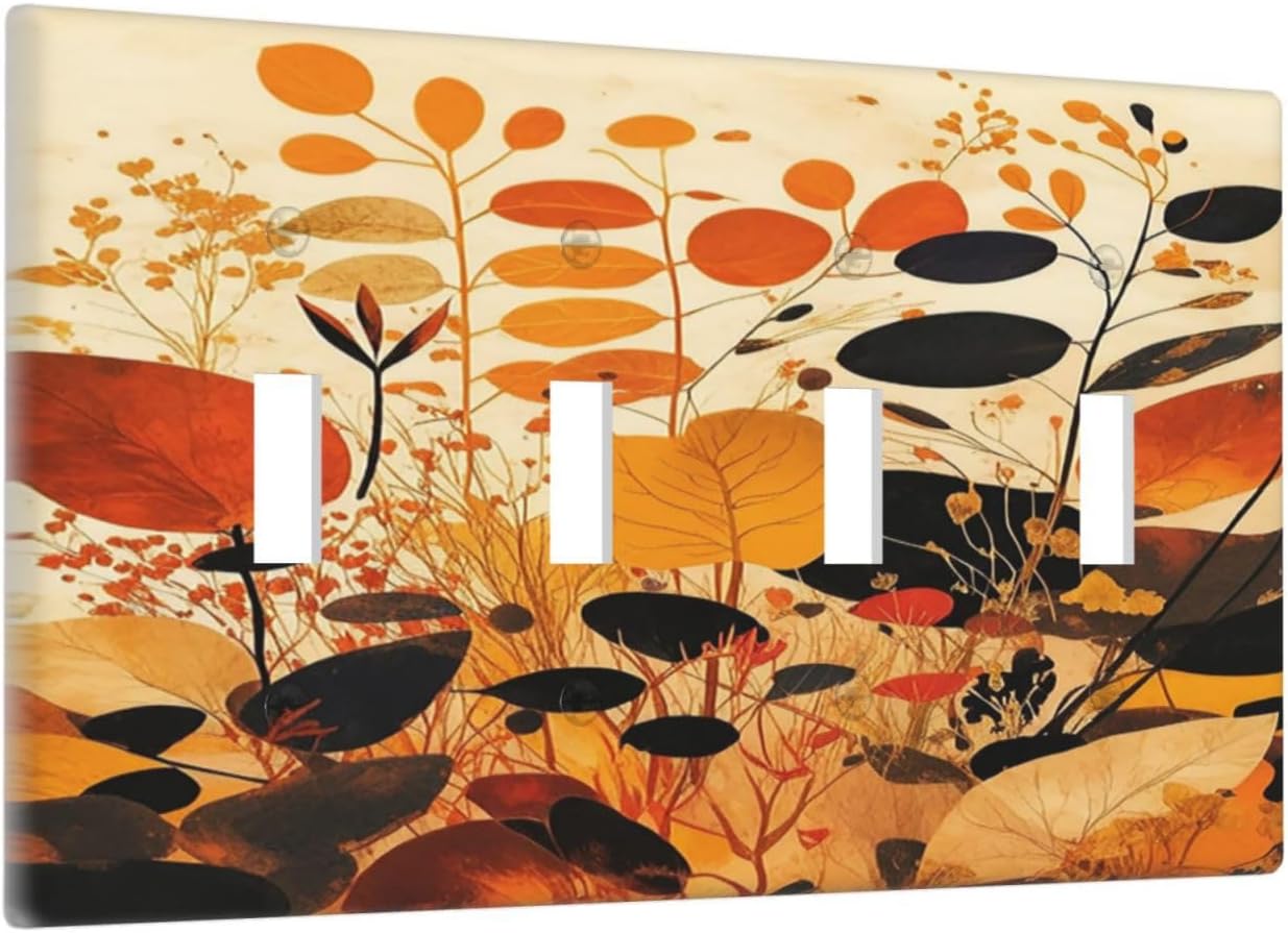 Light Switch Covers Boho Warm Colorful Plant Leaves Quad Toggle 4 Gang Wall Plate Electrical Faceplate Decorative Switch Plates for Bedroom living Room Decor