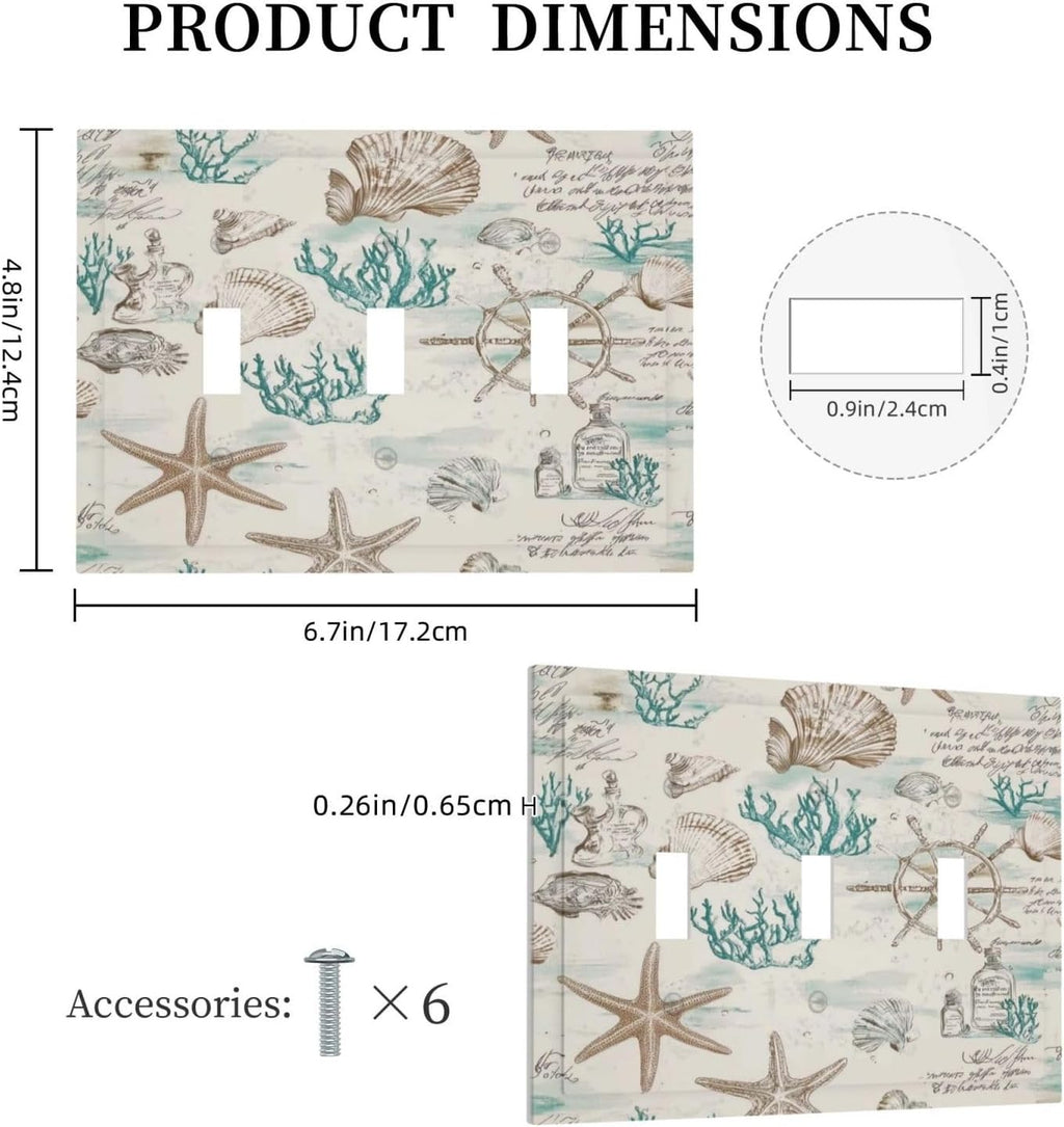 Mid Century Seashells Starfish Compass Decorative Switch Plates 3 Gang Wall Plate Triple Toggle Light Switch Cover Faceplate Electrical Wall Panels For Nursery Kids Room Decor