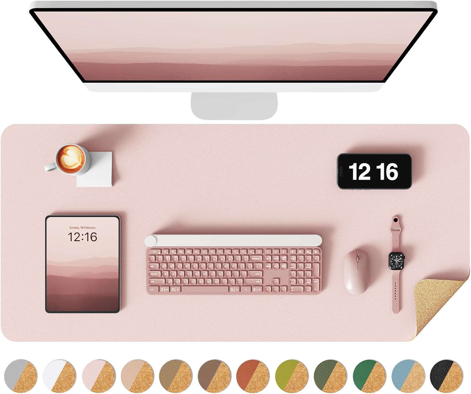 YSAGi Double-Sided Desk Pad, 31.5"x15.7"Leather Desk Mat, Eco Cork Desk Pad Protector,Large Mouse Pad,Waterproof Desk Blotter for Office/Home(Pink)