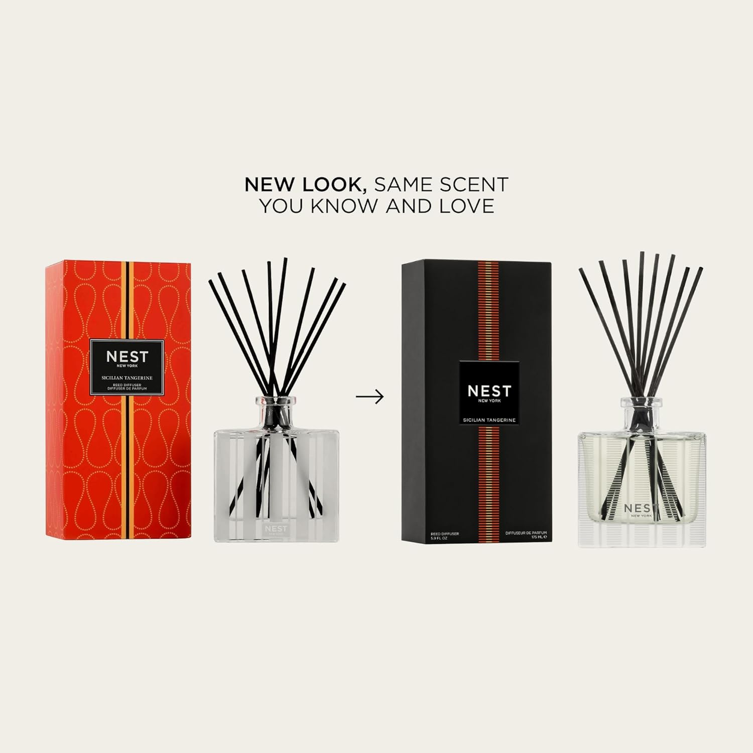 NEST New York Reed Diffuser, Sicilian Tangerine - 5.9 fl oz - Fragrance for Up to 90 Days - Reusable, Refillable Glass Holder - Includes 8 All-Natural Reed Sticks - Flame Free