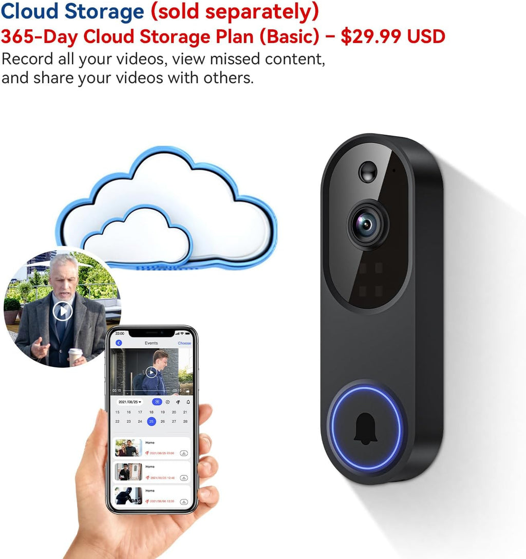 1080P Wireless Video Doorbell Camera, 2.4G WiFi Only, AI Human Detection, Indoor/Outdoor Surveillance Cam, 2-Way Talk, Night Vision, Cloud Storage (Sold Separately)
