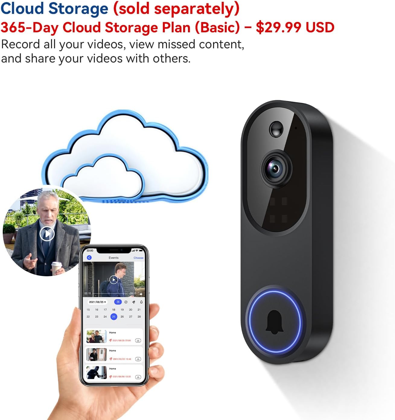 1080P Wireless Video Doorbell Camera, 2.4G WiFi Only, AI Human Detection, Indoor/Outdoor Surveillance Cam, 2-Way Talk, Night Vision, Cloud Storage (Sold Separately)