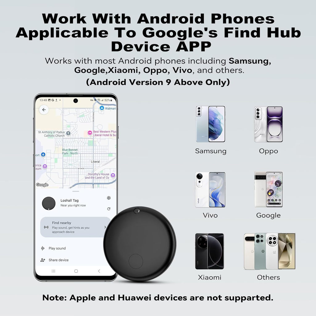 Smart Air Tag Tracker for Android, Google Android Tag Tracker Work with Google Find My Device (Find Hub), Key Finder/Luggage Tracker/Item Locator, 1 Pack Black