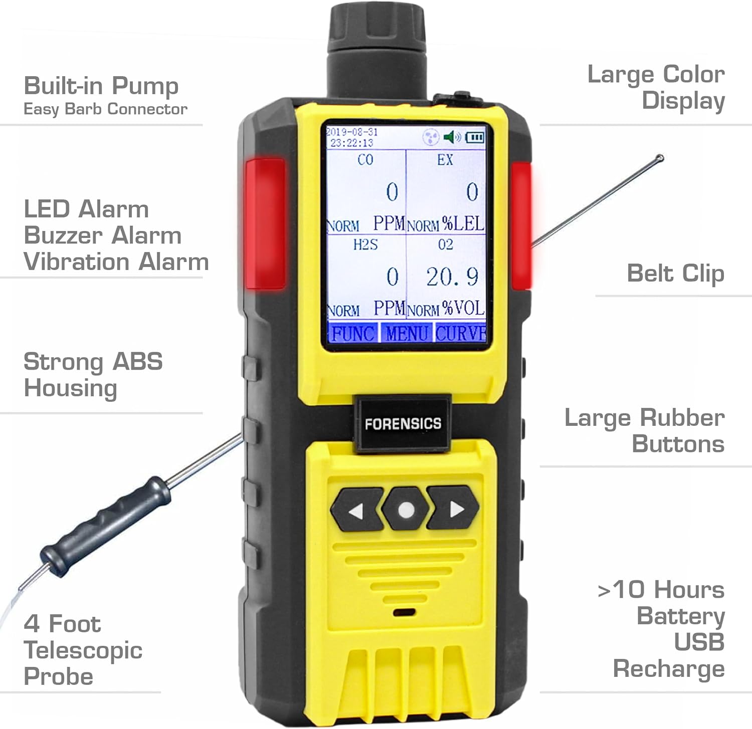 4 Gas Monitor by Forensics | Built-in Pump Multi Gas Meter | O2, CO, H2S, LEL | Color Display & Graphing | USA NIST Calibration | Computer Data Logging |