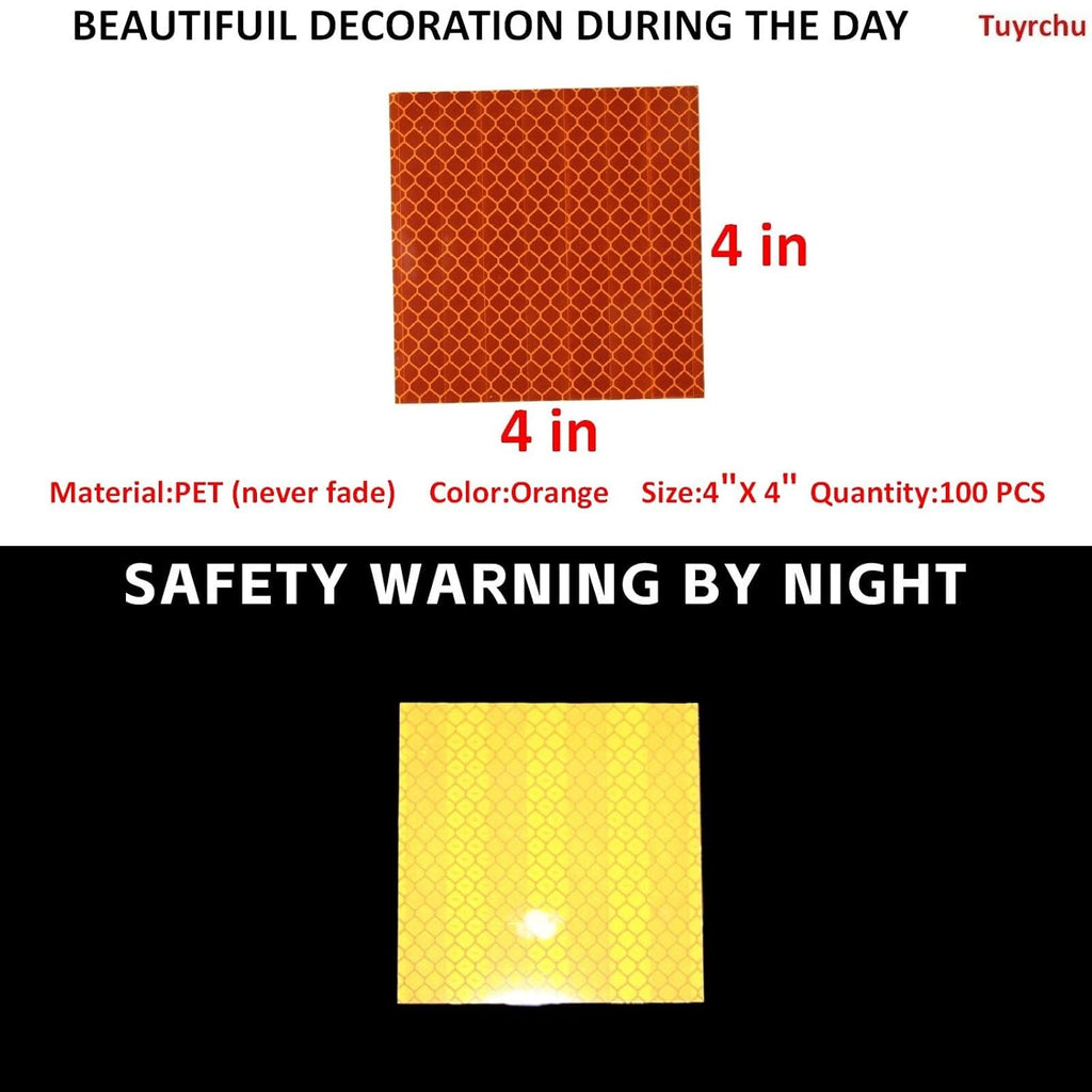 Non Fading Orange Reflective Stickers 4 inch X 4 inch, Outdoor Waterproof High Visibility Warning Safety Adhesive Reflector Tape (50 Pcs)