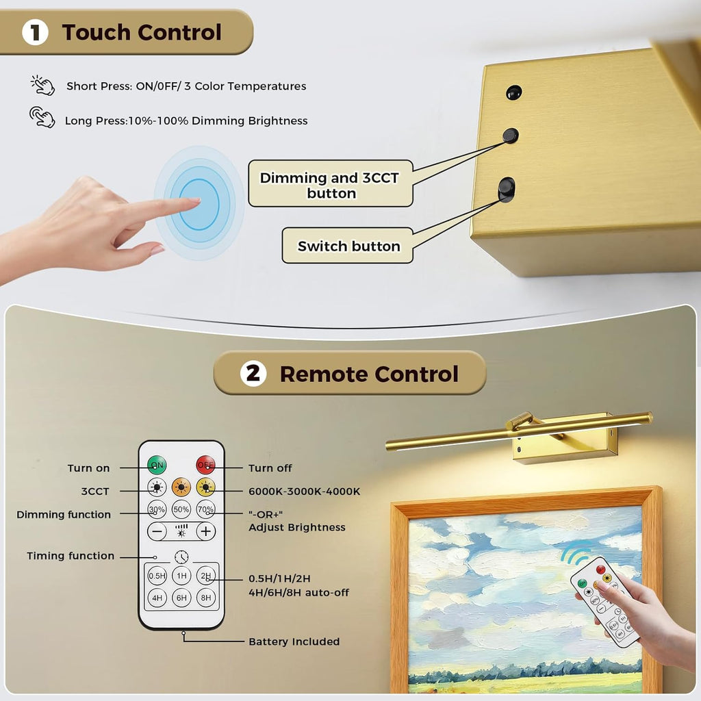 Joosenlux modern brass picture light - 16in rechargeable wireless wall lights with Remote, adjustable Swing Arm, dimmable 3cct battery operated lamp for art Display, photo gallery canvas and paintings