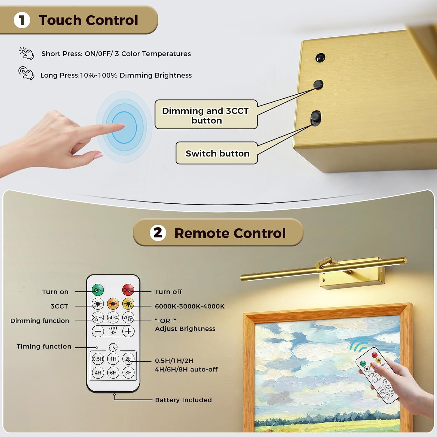 Joosenlux modern brass picture light - 16in rechargeable wireless wall lights with Remote, adjustable Swing Arm, dimmable 3cct battery operated lamp for art Display, photo gallery canvas and paintings